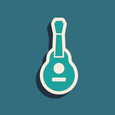 Yeşil Meksika gitar ikonu yeşil arka planda izole edildi. Akustik gitar. Telli müzik aleti. Uzun gölge tarzı. Vektör