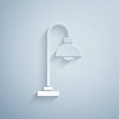 Kağıt kesiği yer lambası simgesi gri arkaplanda izole edildi. Kağıt sanatı tarzı. Vektör