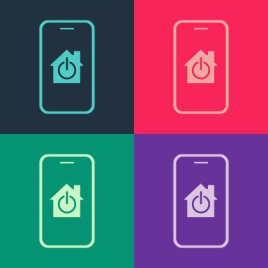 Akıllı ev simgesine sahip, renkli arka planda izole edilmiş pop sanat cep telefonu. Uzaktan kumanda. Vektör