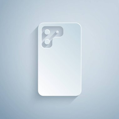 Kağıt kesiği, akıllı telefon, gri arka planda izole edilmiş cep telefonu simgesi. Kağıt sanatı tarzı. Vektör