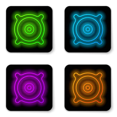 Parlayan neon hattı ses hoparlörü beyaz arkaplanda izole edildi. Siyah kare düğme. Vektör