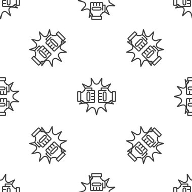 Gri çizgili boks eldiveni ikonu, beyaz arka planda izole edilmiş pürüzsüz desen. Boks eldivenleri patlayıcıyla birbirine çarpıyor. Vektör