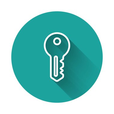 Beyaz çizgi ev anahtar simgesi uzun gölge arkaplan izole. Yeşil daire düğmesi. Vektör