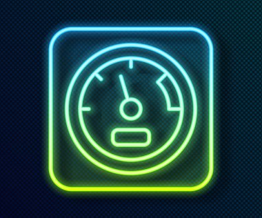 Parlayan neon hattı Sauna termometre simgesi siyah arkaplanda izole edildi. Sauna ve banyo malzemeleri. Vektör