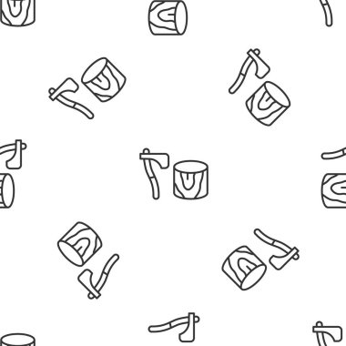 Kol simgesindeki gri çizgi tahta baltası beyaz arka planda izole edilmiş pürüzsüz desen. Oduncu baltası. Balta tahtaya saplanmış. Odun kesiyorum. Vektör