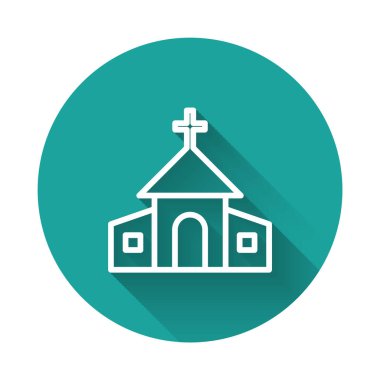 Beyaz çizgi kilise binası ikonu uzun gölge arkaplanlı izole edilmiş. Hıristiyan Kilisesi. Kilisenin dini. Yeşil daire düğmesi. Vektör