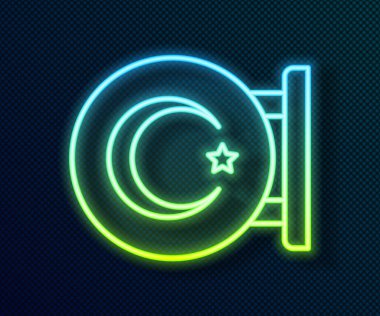 Parlayan neon hattı Yıldız ve Hilal - siyah arkaplanda izole edilmiş İslam ikonunun sembolü. Din sembolü. Vektör