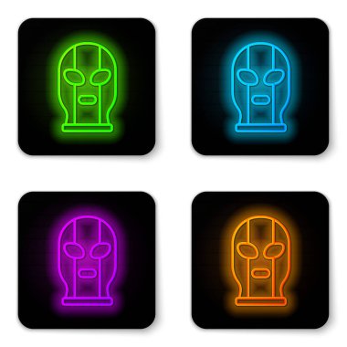 Parlayan neon hattı Meksikalı güreşçi ikonu beyaz arka planda izole edilmiş. Siyah kare düğme. Vektör