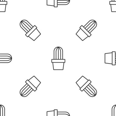 Gri çizgi kaktüs ve tencere ikonunda sulu beyaz arka planda izole edilmiş pürüzsüz desen. Tencerede yetişen bir bitki. Saksı bitkisi işareti. Vektör