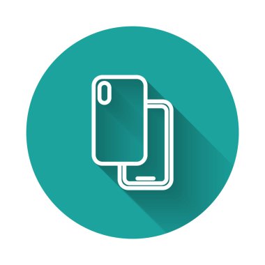 Beyaz çizgi Akıllı Telefon, cep telefonu simgesi uzun gölge arkaplan izole. Yeşil daire düğmesi. Vektör