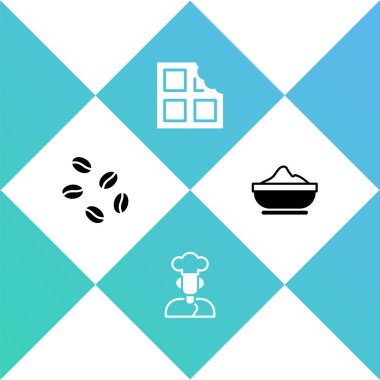 Kahve çekirdekleri, aşçı, çikolata ve un kasesi ikonu. Vektör