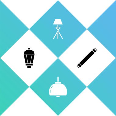 Bahçe lambası, avize, yer ve floresan ikonu. Vektör