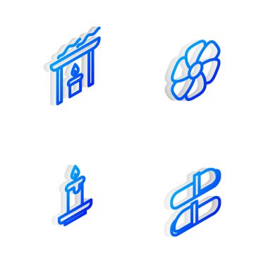 Isometric Hattı Çiçeği, Aroma Mumu ve Sauna Terlikleri simgesini ayarla. Vektör