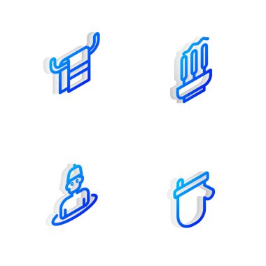 Isometric hattı tütsü çubuklarını, havluyu askıya al saunadaki adam ve sauna eldiveni ikonu. Vektör