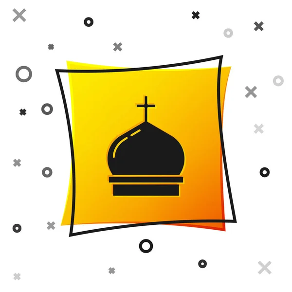 Black Christian church tower icon isolated on white background. Religion of church. Yellow square button. Vector