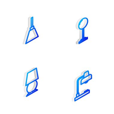 Isometric hattı yer lambasını, avizeyi, masayı ve simgeyi ayarla. Vektör