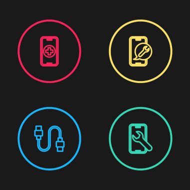 USB kablo, mobil servis ve telefon tamir ikonunu ayarla. Vektör