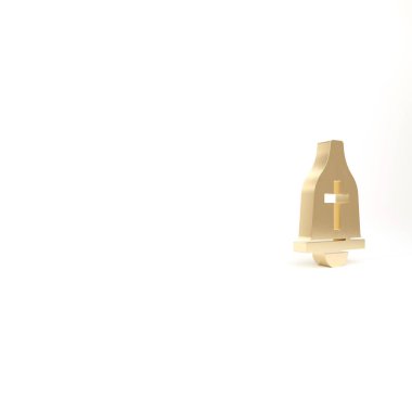 Altın Kilise ikonu beyaz arka planda izole edilmiş. Alarm sembolü, servis zili, el zili işareti, uyarı sembolü. 3d illüstrasyon 3B canlandırma.