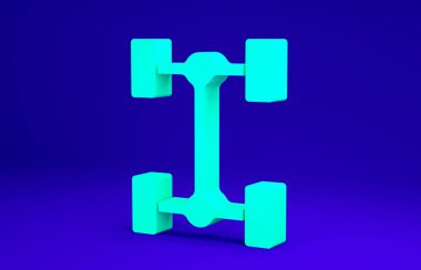 Yeşil Chassis araba simgesi mavi arkaplanda izole edildi. Minimalizm kavramı. 3d illüstrasyon 3B canlandırma.