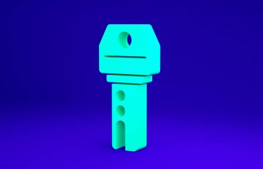 Mavi arkaplanda uzaktan kumandalı yeşil araba anahtarı var. Araba anahtarı ve alarm sistemi. Minimalizm kavramı. 3d illüstrasyon 3B canlandırma.