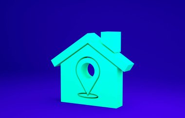 Mavi arkaplanda ev simgesi olan yeşil harita işaretçisi. Ev konumu belirleyici sembol. Minimalizm kavramı. 3d illüstrasyon 3B canlandırma.