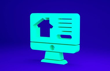 Green Online emlak evi mavi arka planda izole edilmiş monitör ikonunda. Ev kredisi konsepti, kira, satın alma, mülk alma. Minimalizm kavramı. 3d illüstrasyon 3B canlandırma.