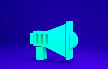 Mavi arkaplanda yeşil megafon simgesi izole edildi. Sözcü işareti. Minimalizm kavramı. 3d illüstrasyon 3B canlandırma.