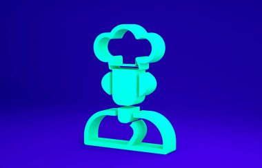 Mavi arkaplanda yeşil aşçı simgesi izole edildi. Şef sembolü. Minimalizm kavramı. 3d illüstrasyon 3B canlandırma.