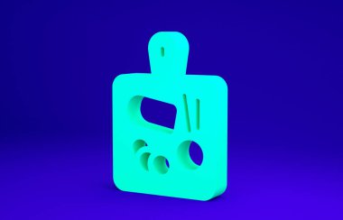 Mavi arkaplanda yeşil kesme tahtası simgesi izole edildi. Kesme tahtası sembolü. Minimalizm kavramı. 3d illüstrasyon 3B canlandırma.