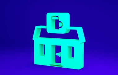 Mavi arka planda yeşil mağaza ikonu var. Bira fabrikası tabelası. Minimalizm kavramı. 3d illüstrasyon 3B canlandırma.