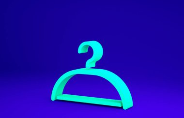 Mavi arka planda Yeşil Askı elbise ikonu izole edildi. Vestiyer ikonu. Kıyafet servis sembolü. Çamaşır askı tabelası. Minimalizm kavramı. 3d illüstrasyon 3B canlandırma.