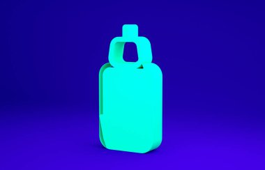 Mavi arka planda yeşil yağ şişesi simgesi izole edildi. Organik aromaterapi özü. Cilt bakımı serumu cam bırakma paketi. Minimalizm kavramı. 3d illüstrasyon 3B canlandırma.