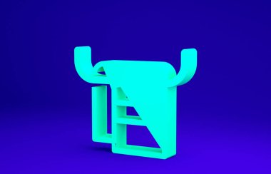 Mavi arka planda izole edilmiş askı simgesinin üzerindeki yeşil havlu. Banyo havlusu ikonu. Minimalizm kavramı. 3d illüstrasyon 3B canlandırma.