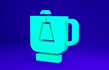 Mavi arka planda çay poşeti ikonu olan yeşil çay fincanı. Minimalizm kavramı. 3d illüstrasyon 3B canlandırma.
