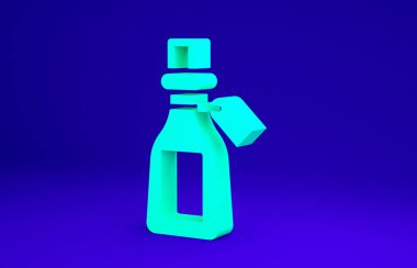 Mavi arka planda yeşil yağ şişesi simgesi izole edildi. Organik aromaterapi özü. Cilt bakımı serumu cam bırakma paketi. Minimalizm kavramı. 3d illüstrasyon 3B canlandırma.