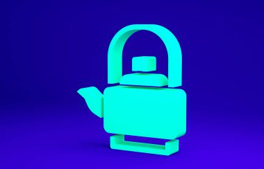 Mavi arkaplanda ikonu olan yeşil çaydanlık izole edildi. Çaydanlık ikonu. Minimalizm kavramı. 3d illüstrasyon 3B canlandırma.