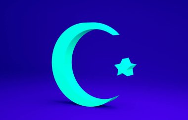 Yeşil Yıldız ve Hilal - mavi arka planda izole edilmiş İslam ikonunun sembolü. Din sembolü. Minimalizm kavramı. 3d illüstrasyon 3B canlandırma.