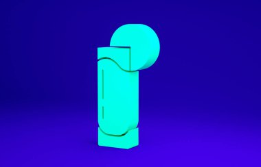 Mavi zemin üzerinde limon ikonu olan yeşil tekila bardağı. Meksika alkolü. Minimalizm kavramı. 3d illüstrasyon 3B canlandırma.