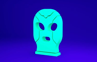 Mavi arka planda izole edilmiş yeşil Meksikalı güreşçi ikonu. Minimalizm kavramı. 3d illüstrasyon 3B canlandırma.