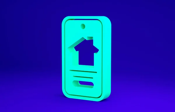 Green Online real estate house on smartphone icon isolated on blue background. Home loan concept, rent, buy, buying a property. Minimalism concept. 3d illustration 3D render.