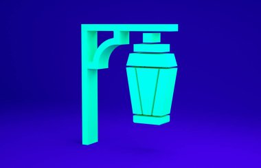 Yeşil Vintage sokak lambası ikonu mavi arkaplanda izole edildi. Minimalizm kavramı. 3d illüstrasyon 3B canlandırma.