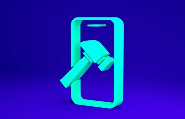 Kırık ekran simgesine sahip yeşil akıllı telefon mavi arkaplanda izole edildi. Parçalanmış telefon ekranı simgesi. Minimalizm kavramı. 3d illüstrasyon 3B canlandırma.