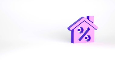 Beyaz arka planda izole edilmiş indirimli etiket simgesine sahip Purple House. Emlak evi. Kredi yüzdesi sembolü. Minimalizm kavramı. 3d illüstrasyon 3B canlandırma.
