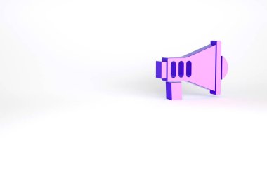 Mor megafon simgesi beyaz arkaplanda izole edildi. Sözcü işareti. Minimalizm kavramı. 3d illüstrasyon 3B canlandırma.