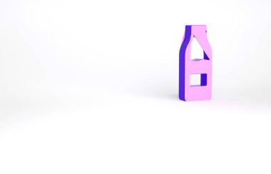Beyaz arka planda izole edilmiş süt ikonu olan mor kapaklı cam şişe. Minimalizm kavramı. 3d illüstrasyon 3B canlandırma.