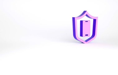Mor Akıllı Telefon, beyaz arka planda güvenlik kalkanı simgesi olan cep telefonu. Güvenlik, güvenlik, koruma kavramı. Minimalizm kavramı. 3d illüstrasyon 3B canlandırma.