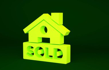 Yeşil arkaplanda izole edilmiş metin simgesiyle sarı asılma işareti. Çıkartma satıldı. Tabela satıldı. Minimalizm kavramı. 3d illüstrasyon 3B canlandırma.