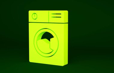 Sarı Yıkama simgesi yeşil arkaplanda izole edildi. Çamaşır makinesi simgesi. Çamaşır makinesi, çamaşır makinesi. Ev aletleri sembolü. Minimalizm kavramı. 3d illüstrasyon 3B canlandırma.