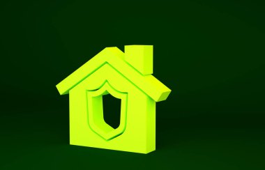 Yeşil arka planda kalkan simgesi olan sarı ev. Sigorta konsepti. Güvenlik, güvenlik, koruma, konsept koruma. Minimalizm kavramı. 3d illüstrasyon 3B canlandırma.