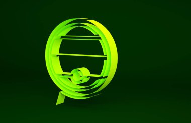 Askıda sarı ahşap varil ve yeşil arka planda izole edilmiş durdurma simgesi. Minimalizm kavramı. 3d illüstrasyon 3B canlandırma.